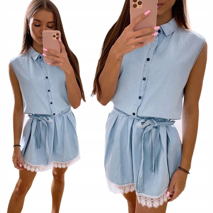 Nowa sukienka jeansowa rozmiar S 36 damska krótka koronka mini koszula
