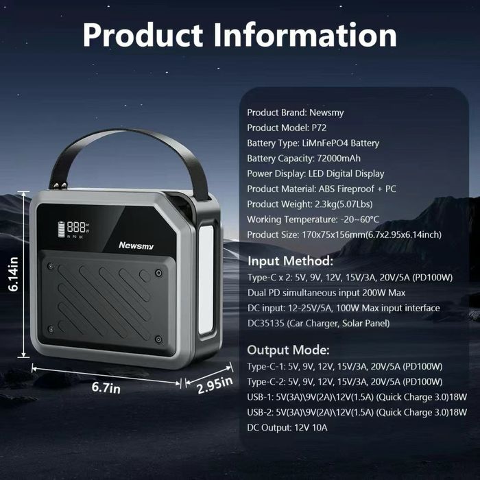 Power bank 200W, Newsmy S72, 72000 mah, LiMnFePO4, заряд за 2-3 години