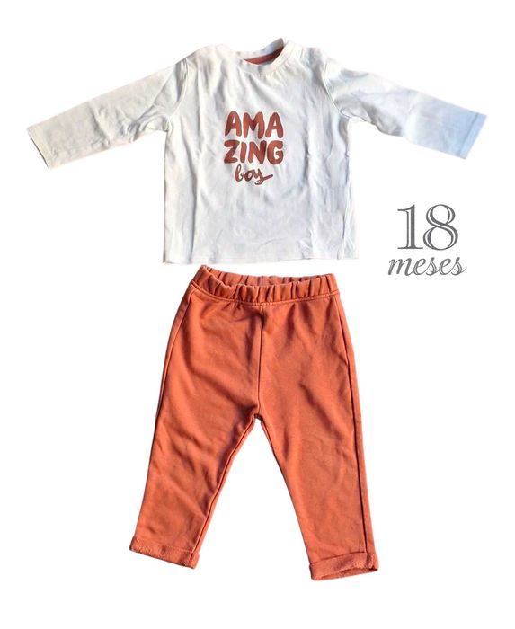 Conjunto Camisola + Calças Branco e Tijolo Kiabi 18 meses