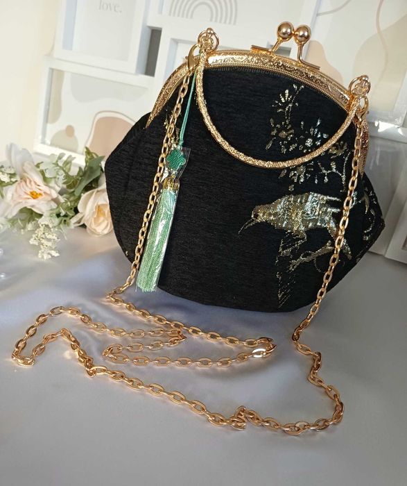 Torebka wieczorowa - Haftowany złoty ptak