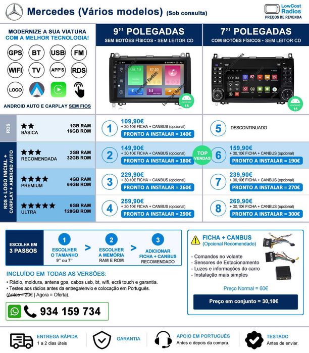 (2026) Rádio GPS Mercedes Classe B Viano Sprinter  7" ou 9" — Android USB Wifi | CARPLAY • ANDROID AUTO