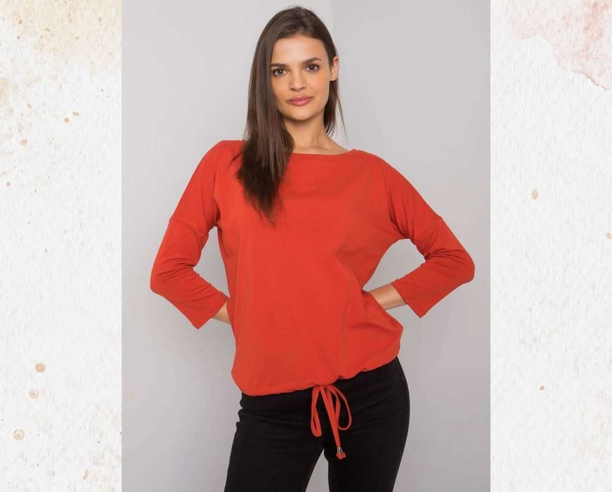 -> Ciemno pomarańczowa bluzka damska basic Fiona - Troczek w pasie - Rozmiar: S - M - L
