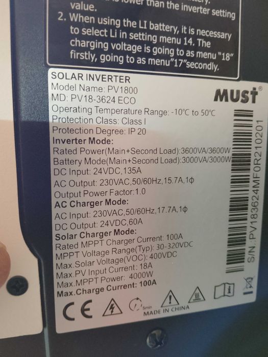 Інвертор гібридний сонячний MUST PV18-3624 ECO, 3600W, 24V, струм заряду 60A, 170-280V, MPPT 100А, 30-320 Vdc працює без АКБ