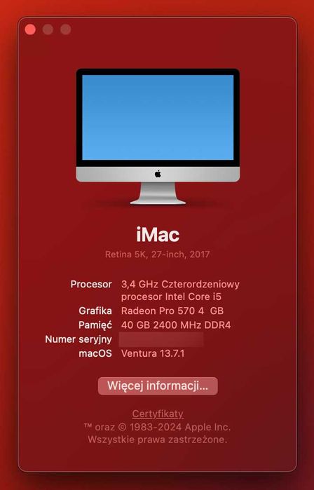 Apple iMac 27 5K i5 3,4 Ghz Radeon Pro 570 4GB  1 TB / 40 Gb RAMu