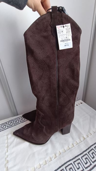 Skórzane Kozaki  kowbojki ZARA r 40 ciemny brąz zamsz NOWE premium