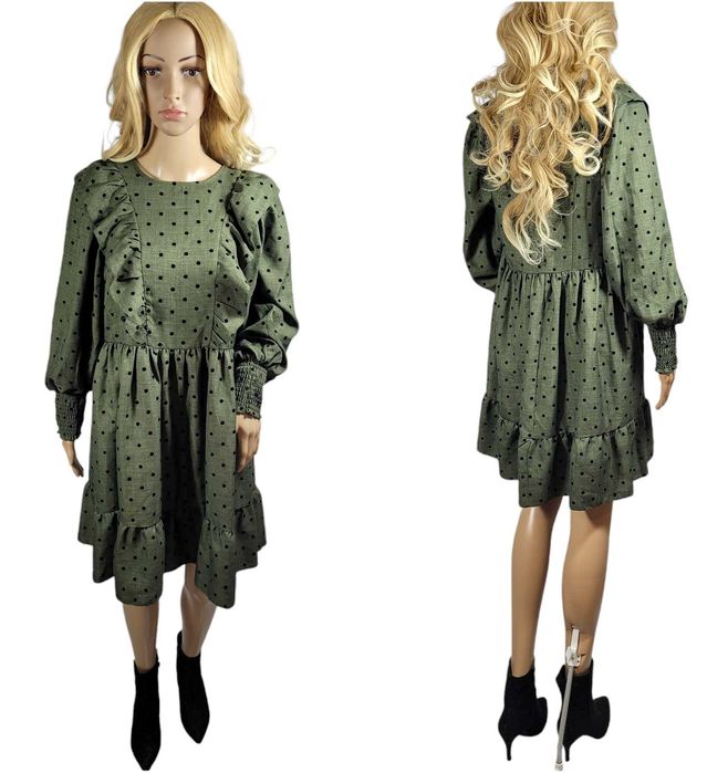Nowa sukienka khaki 38,M Primark wzór kropki groszki falbany bufki