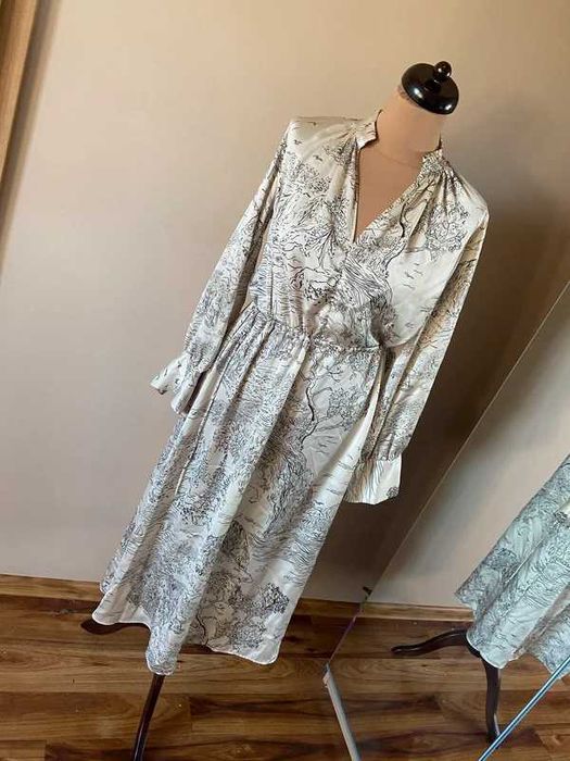 H&m piekna sliska jak satyna jedwab sukienka ecru maxi 38 40 m l