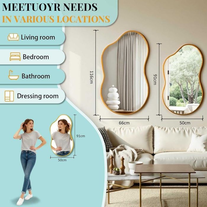 Nowe lustro wiszące / 50x91cm / ścienne / asymetryczne / złote / W711!