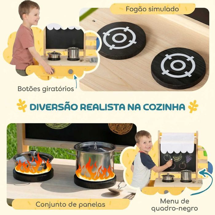 Cozinha Infantil Exterior de Madeira com Rodas Água Real Vasos Quadro e 15 Acessórios amarelo