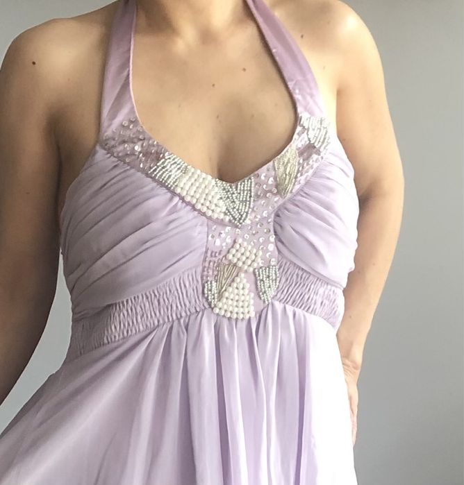 Romantyczna tiulowa zwiewna sukienka liliowa S M na wesele imprezę