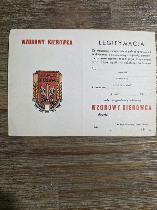 Legitymacja do odznaki Wzorowy Kierowca  wz. 1963 czysta
