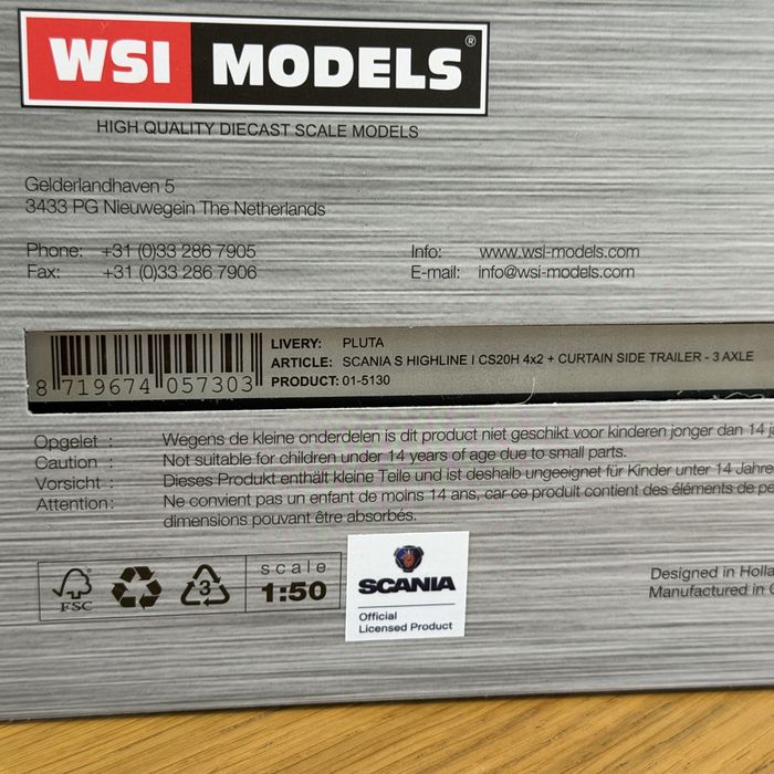 Model 1:50 WSI Scania S Highline 4x2 + naczepa