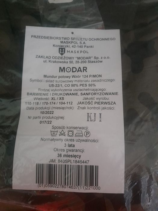 Mundur polowy 124p XL/XS,całosezonowy,ubranie moro