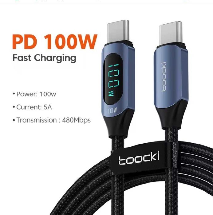 Кабель Toocki 100W USB-C – USB-C з LED-дисплеєм та підтримкою 5A