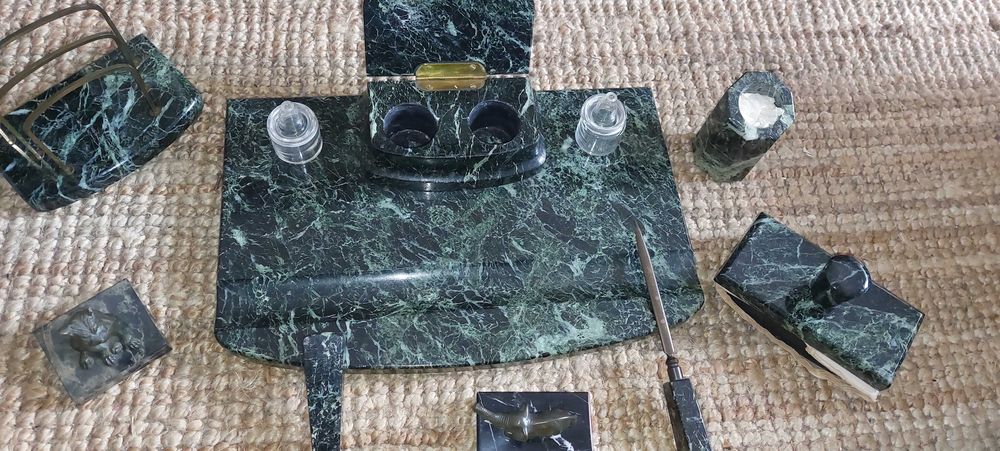 antigo tinteiro em mármore conjunto de 8 peças da década de 1920