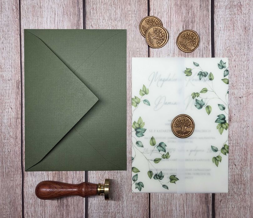 Zaproszenia ślubne, kalka z pieczęcią motyw drzewa, liści