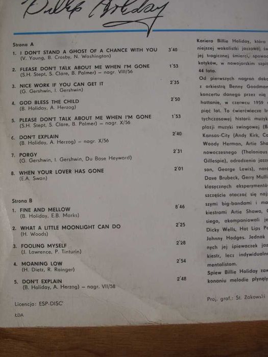Winyl LP, Jazz; Billie Holiday-- Dont stand, Muza SX 1269.