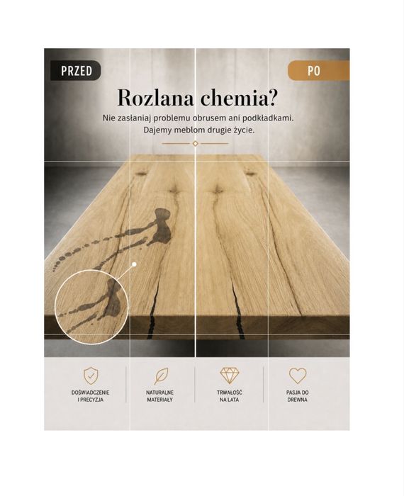 Stół dębowy z litego drewna — nowe wykończenie / renowacja
