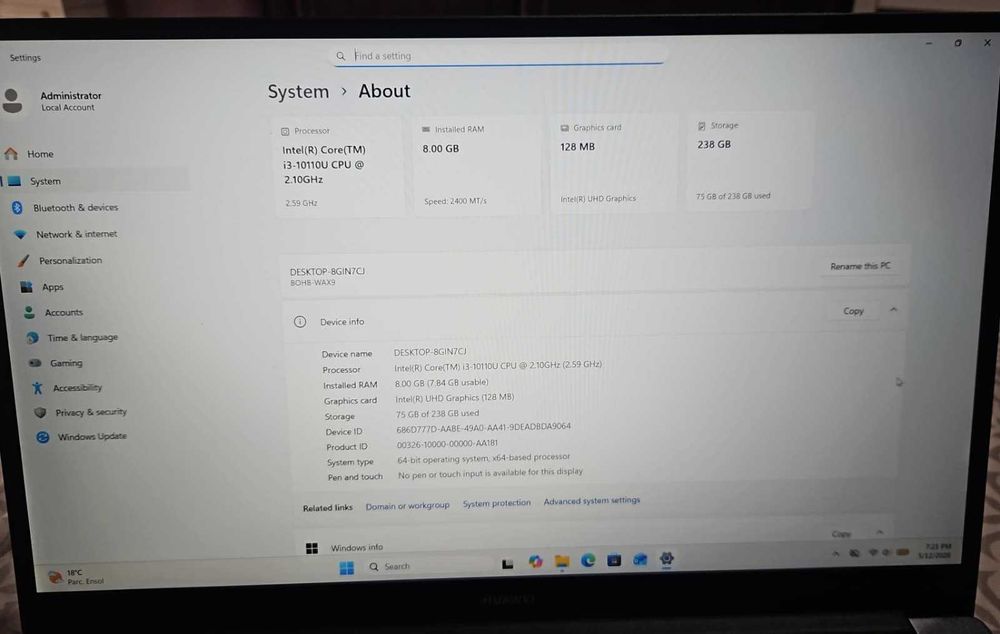 i3/8GB/250GB SSD Huawei Laptop with Charger