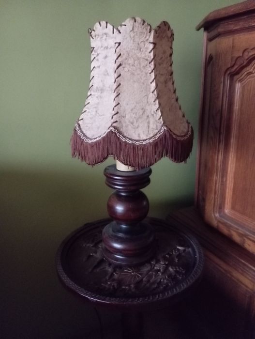Okazja!Antyk.Lampa drewniana z abażurem ze skory