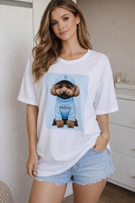 Koszulka damska oversize T-shirt biały z nadrukiem piesek Paris luźna