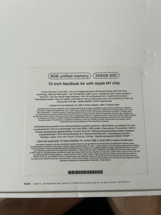 MacBook Air M1 (8/256GB) – USZKODZONY EKRAN, Baza Sprawna