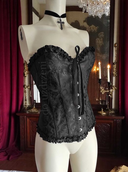 czarny żakardowy gorset bluzka falbanki goth lolita alternative witch
