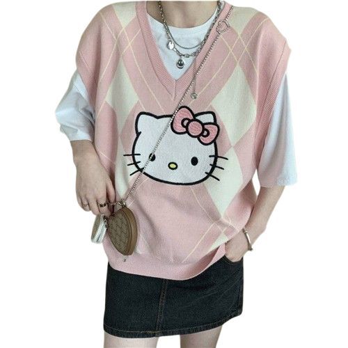 Damski Sweter Anime, Hello Kitty Kamizelka w Romby - S