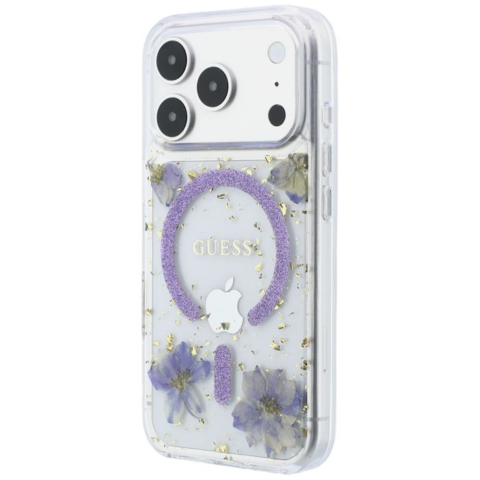 Etui Guess Resin Flowers Glitter MagSafe do iPhone 18 Pro / 17 Pro fioletowy