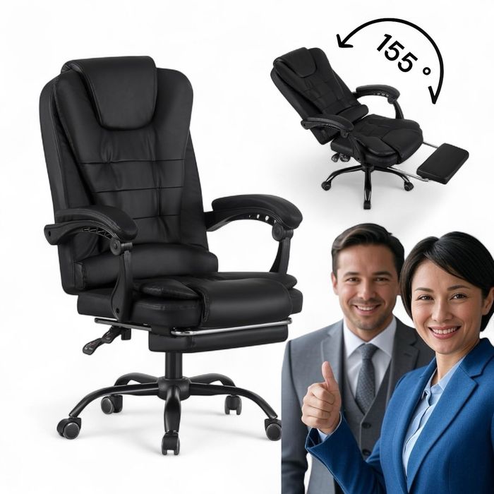 PREMIUM‼️Nowoczesny fotel obrotowy czarny z wysuwanym podnóżkiem