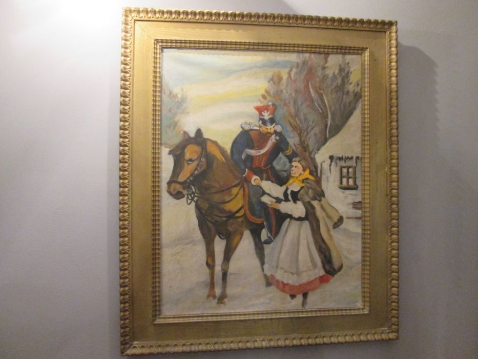 Obraz olejny na płótnie. Ułan i dziewczyna.