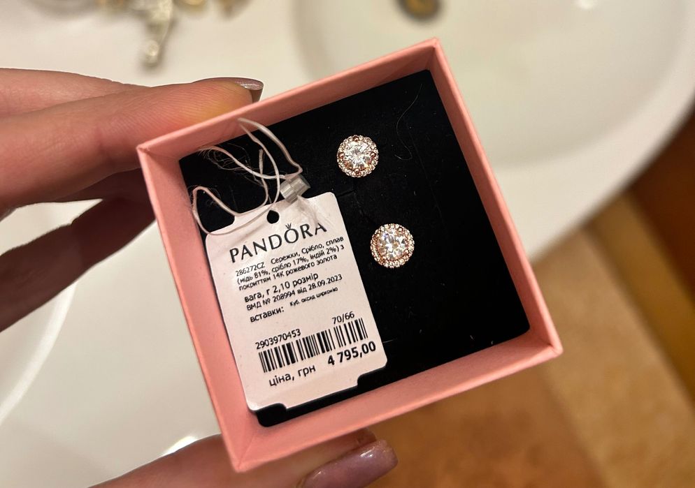 Серьги гвоздики Pandora серебро позолота