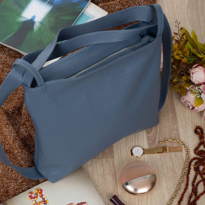 VERA PELLE torebka damska duża skórzana worek na ramię V511 jeansowa