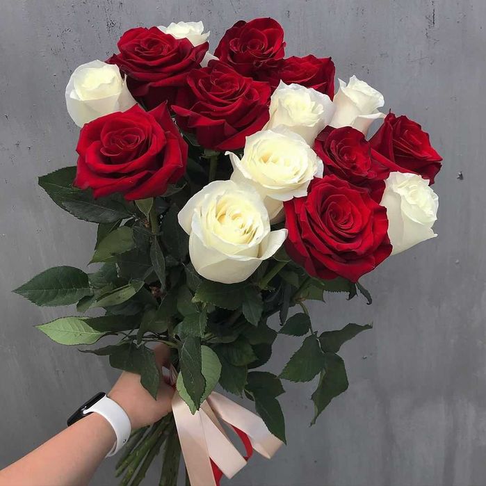 Розы. Букет 21 роза. Красные, белые.   Букеты, доставка цветов
