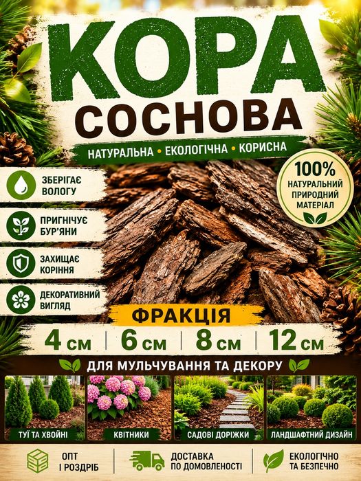 Кора соснова 4-6 -8-12 -14  см | Мульча | Опт роздріб 

роздріб