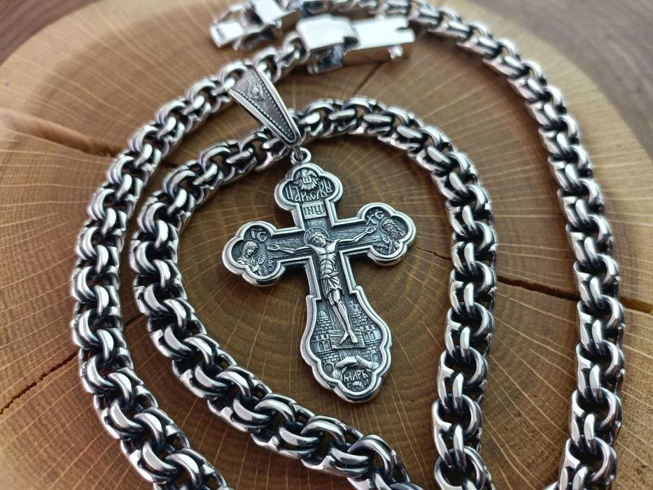 Срібний ланцюжок (ланцюг) Бісмарк великий чоловічий та срібний хрест