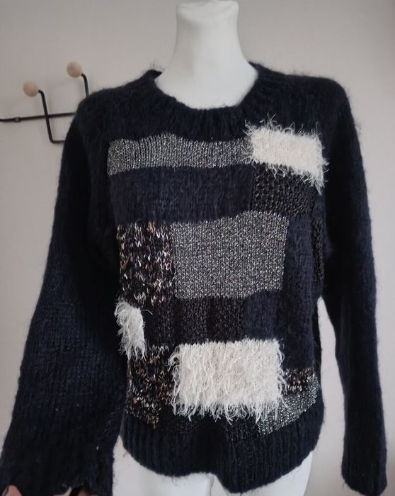 Sweter wełna puszysty granatowy okrągły dekolt  moher  Ganni 36