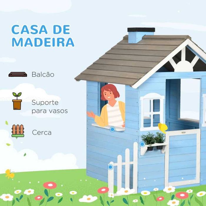 Casa de madeira para crianças azul, jardim