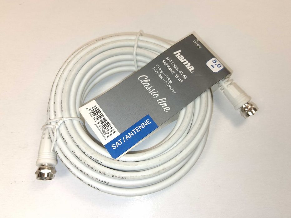 N046 Kabel Antenowy Satelitarny Hama Classic Line F-Plug 5m 85dB Nowy