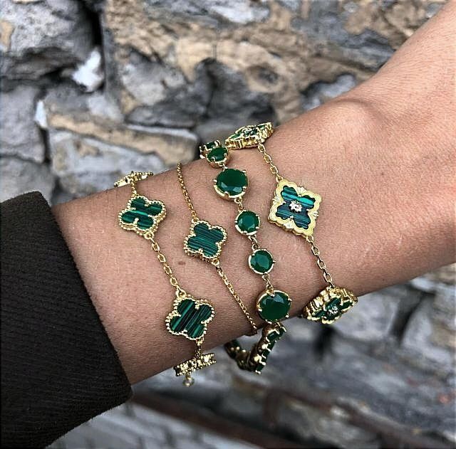 Люкс Браслет Van Cleef Ван клиф клевер малахит оникс жемчуг цепочка ...