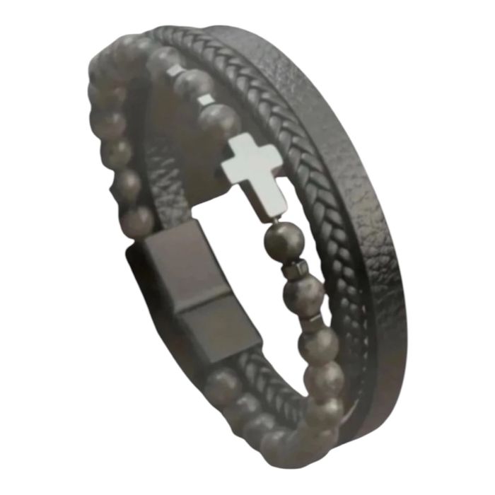 Stylowa elegancka bransoletka męska skórzana krzyż  korale casual