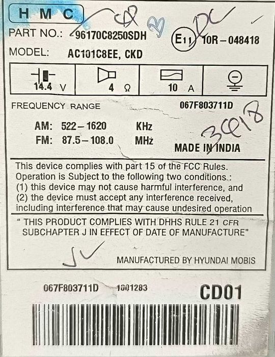 Rádio / Auto Rádio 96170C8250SDH - HYUNDAI i20 II