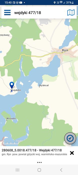 Sprzedam działkę SWJM na Mazurach nad jeziorem Ryńskim.