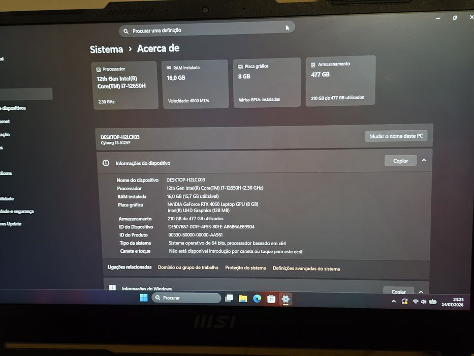 Portátil gaming rtx 4060, i7 12650h, 16gb DDR5 4800MT/s
