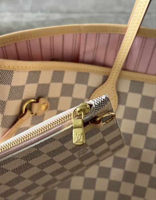 Torebka shopper LV Louis Vuitton Neverfull MM biala kratka różowy