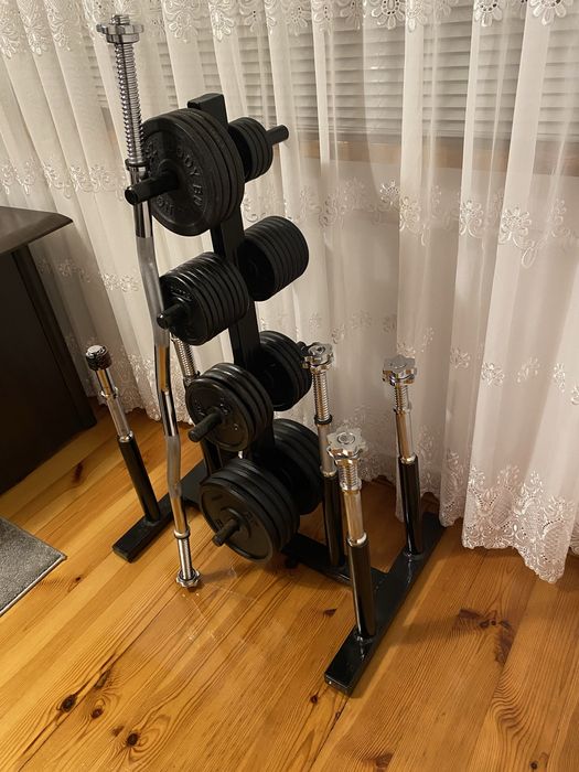 ZESTAW SIŁOWNIA hantle + gryf + 84 kg + stojak