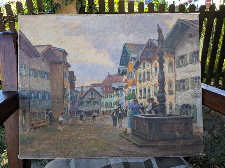 Obraz olejny na płótnie lnianym Rynek w miasteczku 47x37cm