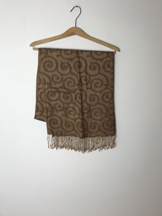 Brązowa, beżowa jesienna chusta szal jedwabny vintage