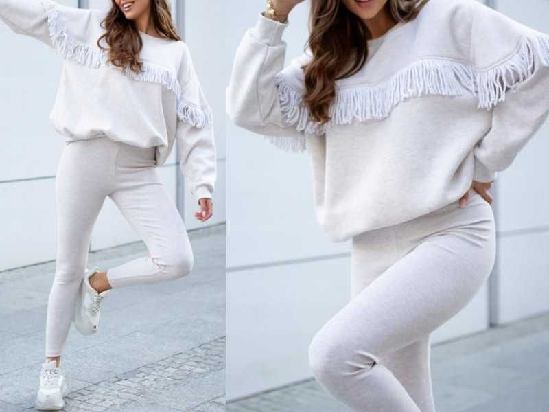 Aszmi Style dres set bluza z frędzlami - legginsy prążek beż