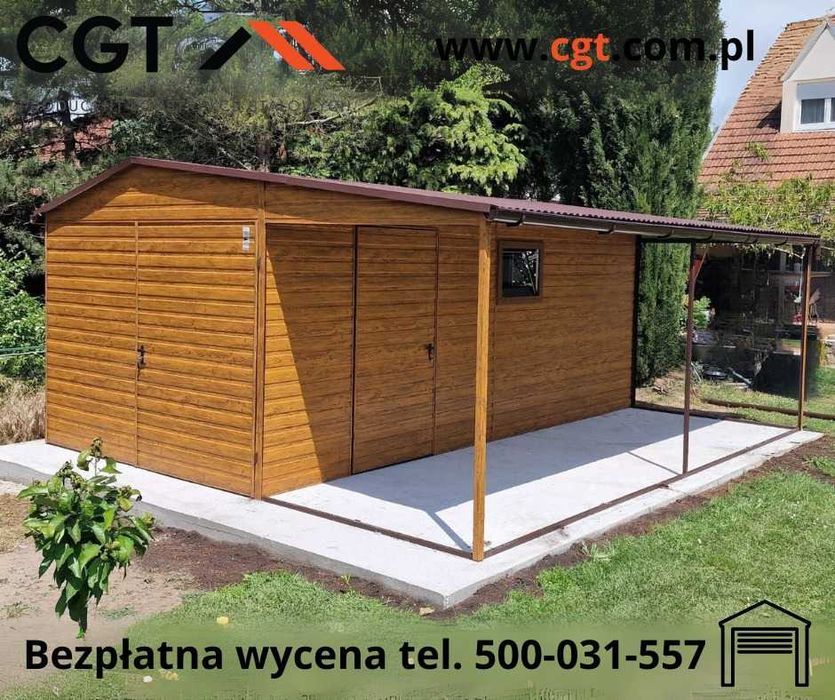 Garaż drewnopodobny 3x6 z wiatą 2m szeroką